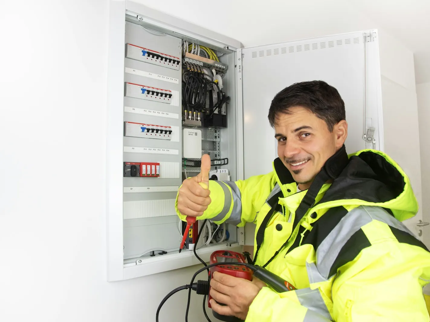 Smiling electrician in a high-visibility jacket giving a thumbs up beside an open electrical panel