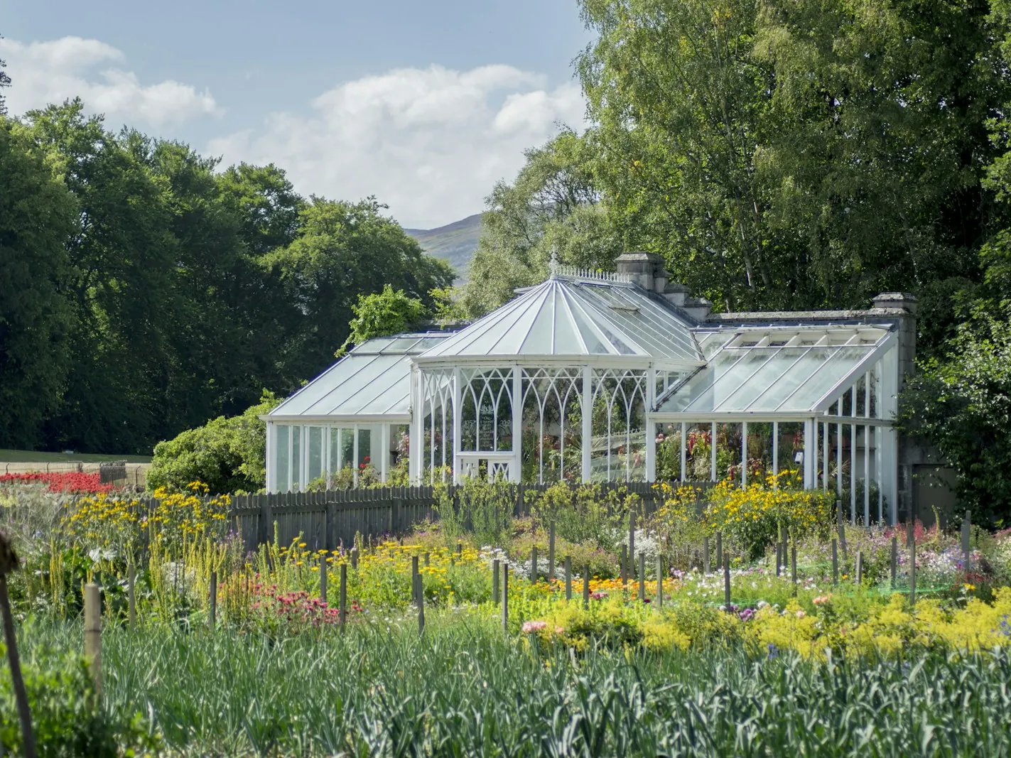 Glass greenhouse beside rows of crops and flowering plants on a farm